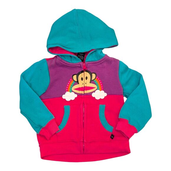 Paul Frank Y2K Julius Monkey Hoodie Rainbow Colorblock Pink Teal 3T - Picture 1 of 6